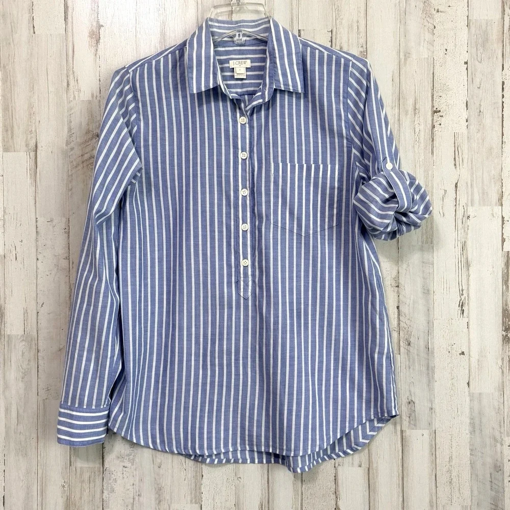 J Crew Henley Top Blouse S Blue Stripe Roll Tab Sleeve Preppy Summer Popover